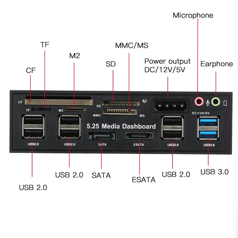 وحدة تجميع USB 3.0 متعددة الوظائف منفذ eSATA و SATA قارئ بطاقات داخلو لوحة التحكم المتقدمة للكمبيوتر اللوحة الأمامية للوسائط الصوتية لبطاقات الذاكرة SD و MS و CF و TF و M2 و MMC تناسب خزانة 5.25 بوصة - Image 3