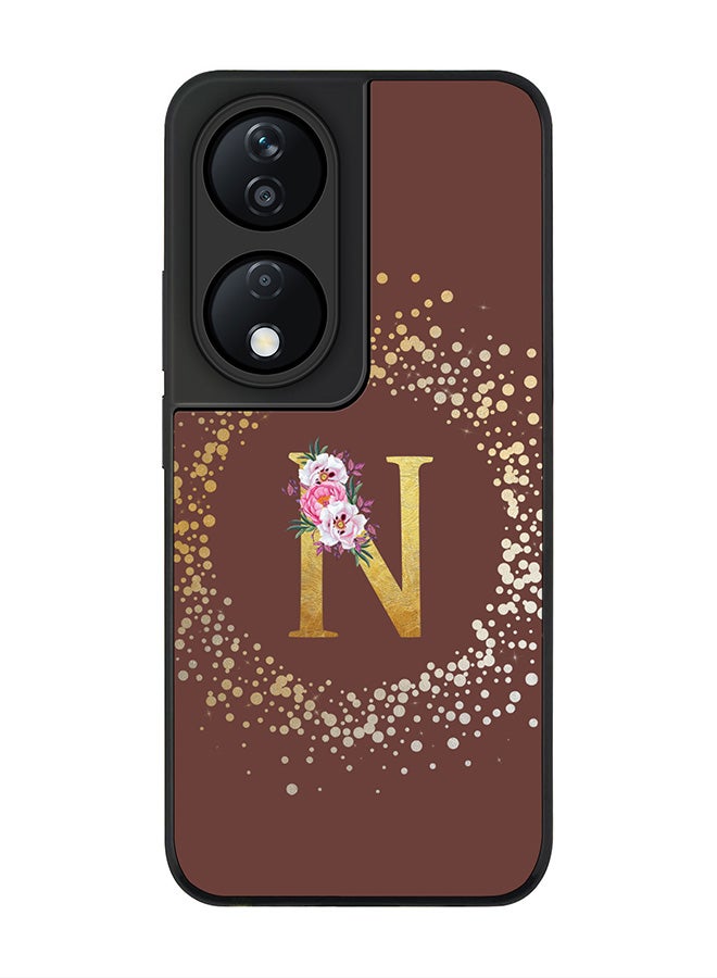 Stylizedd Rugged Black Edge Case for Honor X7b, Slim fit Case Thin Cover -  Custom Monogram Initial Letter Floral Pattern Alphabet - N  (Brown ) - Image 1