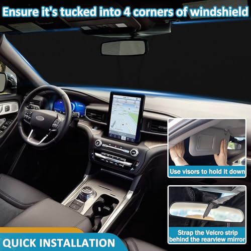 TOPINSTALL واقي شمس قابل للطي بحجم دقيق لسيارة فورد إكسبلورر SUV من 2020-2025، ST XLT، Limited، Platinum، واقي شمس نافذة أمامية مع حقيبة تخزين، واقي شمس زجاج أمامي أكثر سمكًا - Image 3