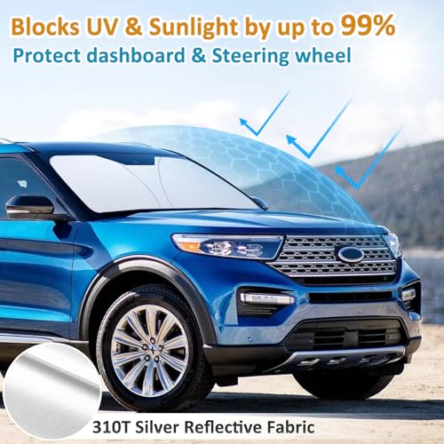 TOPINSTALL واقي شمس قابل للطي بحجم دقيق لسيارة فورد إكسبلورر SUV من 2020-2025، ST XLT، Limited، Platinum، واقي شمس نافذة أمامية مع حقيبة تخزين، واقي شمس زجاج أمامي أكثر سمكًا - Image 2