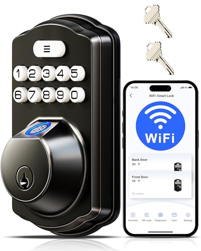Veise VE012W Built-in WiFi Fingerprint Smart Lock, App Remote Control, No Hub Needed, Keyless Entry, Front Door Smart Deadbolt, Digital Keypad, Auto Lock, IP55 Waterproof, BHMA Grade 3, Matte Black - Image 1