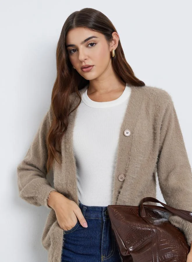 Styli Styli Beige Regular Fit Fuzzy Yarn Cardigan