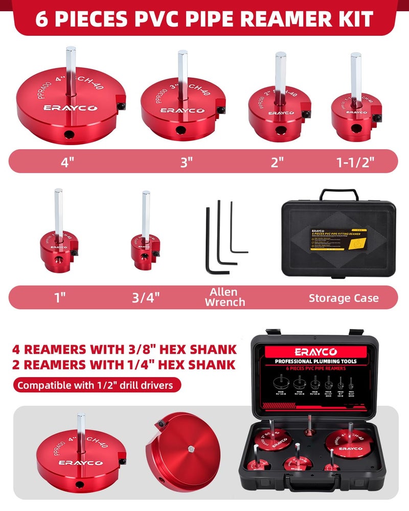 ERAYCO 6PCS PVC Pipe Reamer Kit, Plastic Pipe Fitting Reamer Tool, Fit into Standard 1/2" Drills, PVC Fitting Saver for SCH40 PVC CPVC ABS Pipe (3/4'', 1'', 1-1/2'', 2'', 3'', 4'') - Image 2