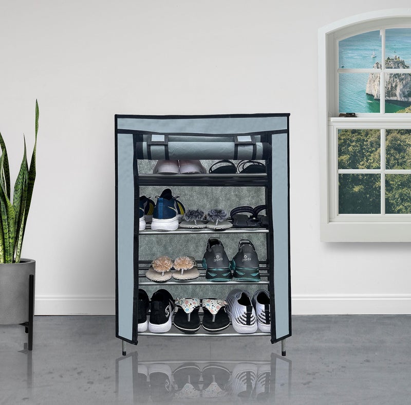 SANAMSTORE Metal 4 Tier Rack Shoe/Clothes/books stand Rack with cover for home (Need to Be Assemble - DIY) -Grey - Image 1
