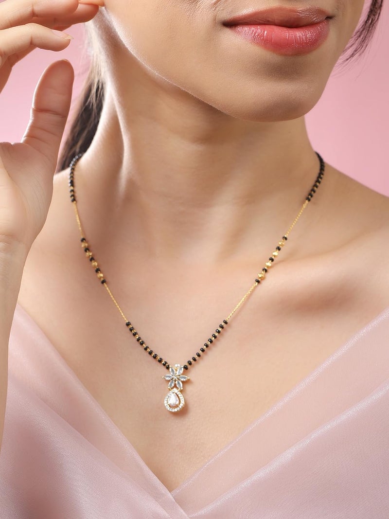 Rubans 18K Gold-Plated White Cubic Zirconia Studded Floral & Teardrop Pendant Mangalsutra with Black & Gold Beaded Chain for Women & Girls – Elegant Daily & Festivals - Image 2