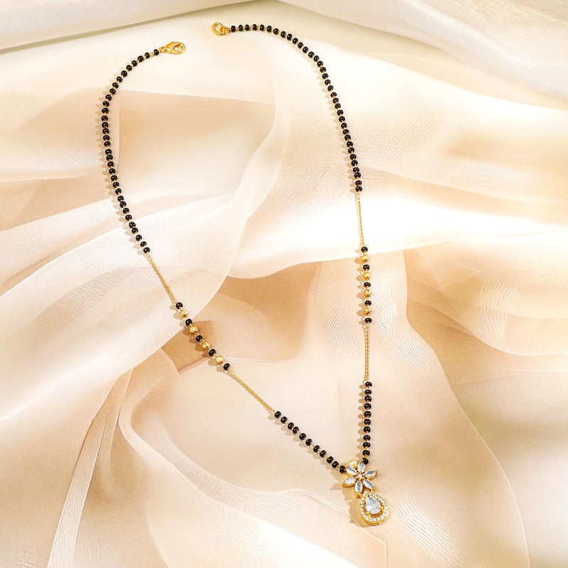 Rubans 18K Gold-Plated White Cubic Zirconia Studded Floral & Teardrop Pendant Mangalsutra with Black & Gold Beaded Chain for Women & Girls – Elegant Daily & Festivals - Image 4