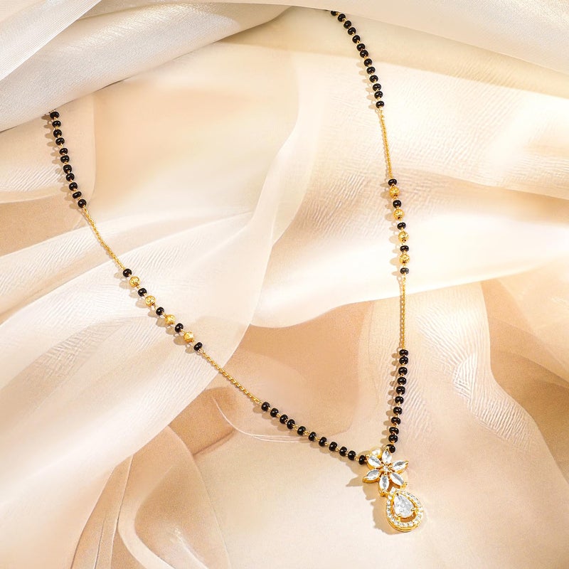 Rubans 18K Gold-Plated White Cubic Zirconia Studded Floral & Teardrop Pendant Mangalsutra with Black & Gold Beaded Chain for Women & Girls – Elegant Daily & Festivals - Image 3