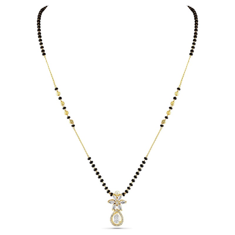 Rubans 18K Gold-Plated White Cubic Zirconia Studded Floral & Teardrop Pendant Mangalsutra with Black & Gold Beaded Chain for Women & Girls – Elegant Daily & Festivals - Image 1