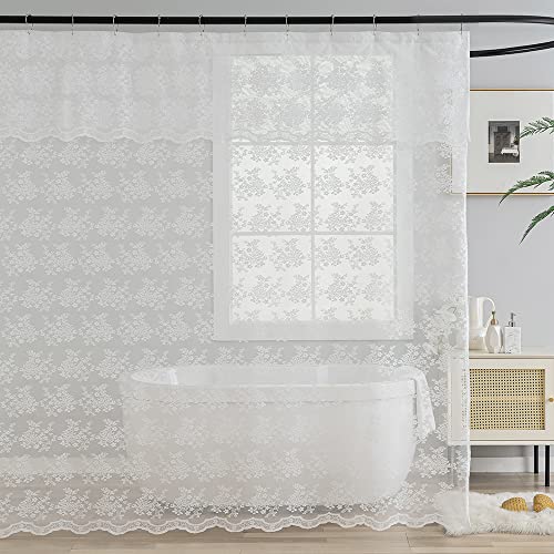 TUDECO White Lace Shower Curtain with Attach Valance, Elegant Floral Shower Curtain Lace for Bathroom Vintage Sheer Scalloped Shower Curtain French Country Bathroom Decor 72 x 72 Inch, 1 Panel - Image 5