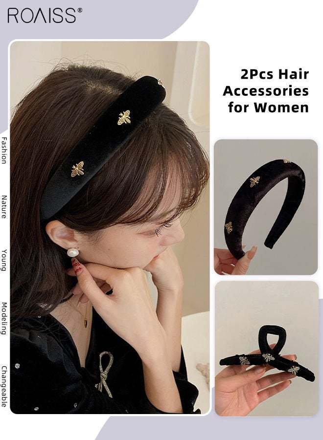 roaiss 2Pcs Hair Accessories for Women, Black Velvet Sponge Headband and Black Flocked Hair Claw Clip Set Decorated with Golden Bee Pattern - Image 1