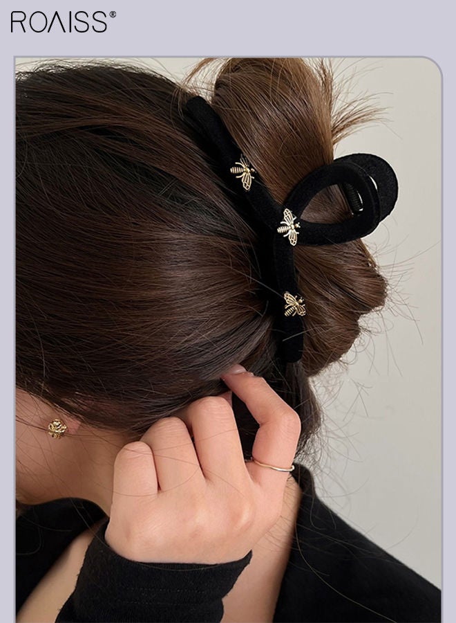roaiss 2Pcs Hair Accessories for Women, Black Velvet Sponge Headband and Black Flocked Hair Claw Clip Set Decorated with Golden Bee Pattern - Image 4