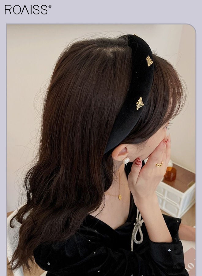 roaiss 2Pcs Hair Accessories for Women, Black Velvet Sponge Headband and Black Flocked Hair Claw Clip Set Decorated with Golden Bee Pattern - Image 2