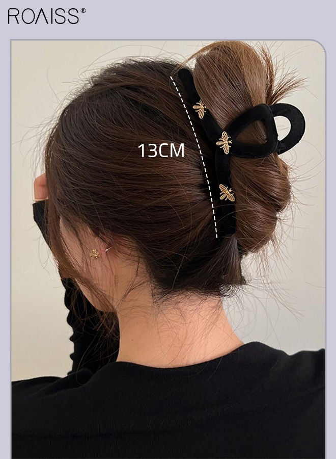 roaiss 2Pcs Hair Accessories for Women, Black Velvet Sponge Headband and Black Flocked Hair Claw Clip Set Decorated with Golden Bee Pattern - Image 3