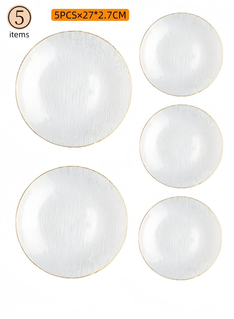nihao 5-Piece Glass Plates Clear 27x2.7 cm, Lead-free Crystal Glass, Dessert, Salad, Appetizer Plate, Elegant Textured Glass Design, Stackable Plates For Special Occasion, Dishwasher Safe - Gold Edge  - Image 1
