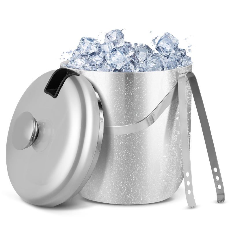 دلو ثلج سعة 3 لترات، دلو ثلج مزدوج الجدران من الفولاذ المقاوم للصدأ، دلو نبيذ مع ملقط وغطاء سميك، سلة تبريد محمولة للحفلات والشواء والبوفيهات - Image 1