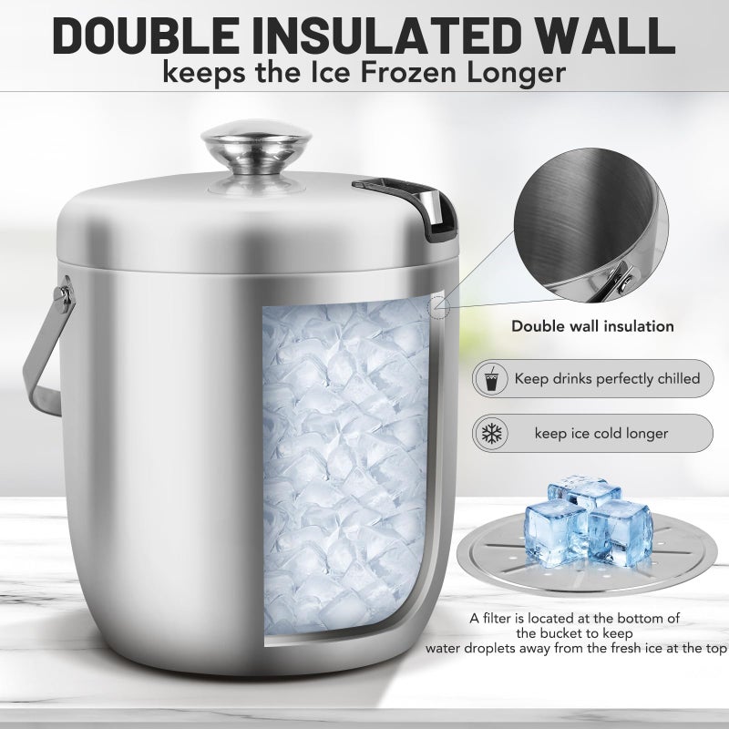 دلو ثلج سعة 3 لترات، دلو ثلج مزدوج الجدران من الفولاذ المقاوم للصدأ، دلو نبيذ مع ملقط وغطاء سميك، سلة تبريد محمولة للحفلات والشواء والبوفيهات - Image 3