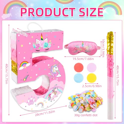 Lcoor Unicorn Birthday Decorations Unicorn Number 5 Pinata Pink Gold Foil Piata with Blindfold Stick Confetti - Image 5