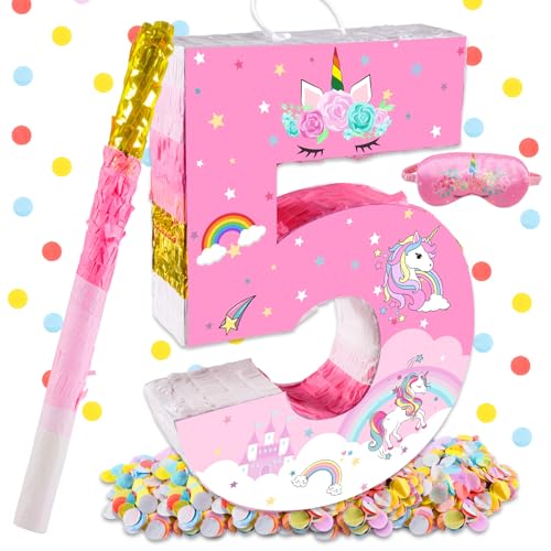 Lcoor Unicorn Birthday Decorations Unicorn Number 5 Pinata Pink Gold Foil Piata with Blindfold Stick Confetti - Image 1