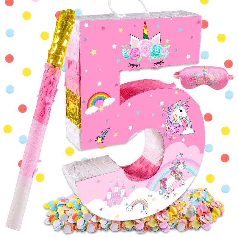 Lcoor Unicorn Birthday Decorations Unicorn Number 5 Pinata Pink Gold Foil Piata with Blindfold Stick Confetti - Image 3