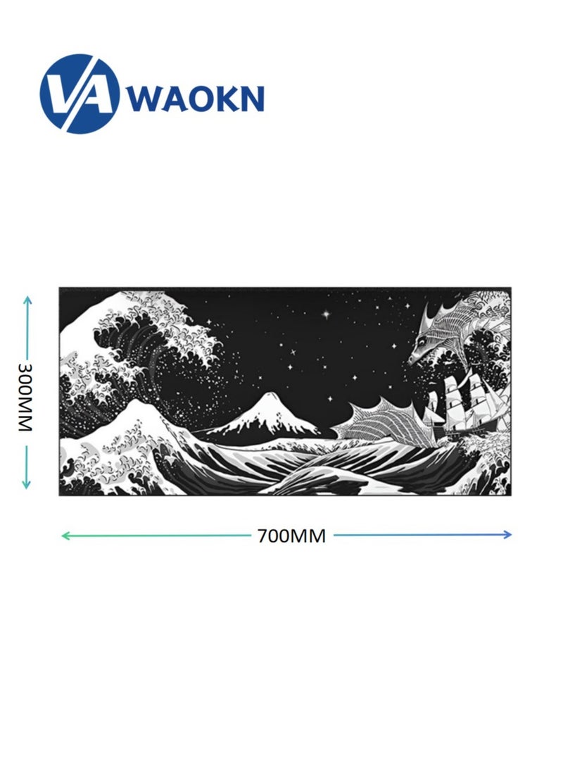 WAOKN Black and White Japanese Waves Sea Dragon Gaming Mouse Pad Abstract Mat Long Extended Mouse Mat Desk Pad Stitched Edges Mousepad Nonslip Rubber Base Mice Pad for Office and Home  - Image 2