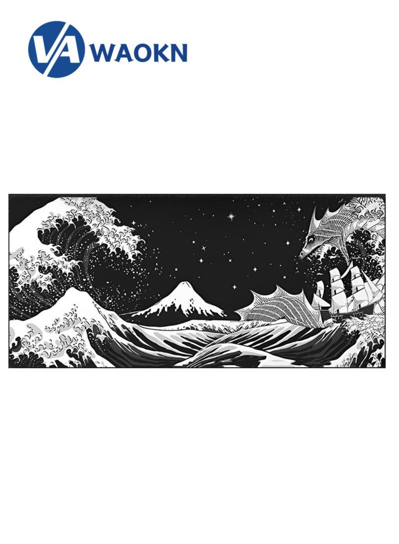 WAOKN Black and White Japanese Waves Sea Dragon Gaming Mouse Pad Abstract Mat Long Extended Mouse Mat Desk Pad Stitched Edges Mousepad Nonslip Rubber Base Mice Pad for Office and Home  - Image 1