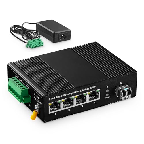 Binardat 5 Port Gigabit PoE Industrial Switch, IEEE802.3af/at Ethernet, 1 SFP Port with 20km LC Module, IP40 Aluminum Alloy -40~75°C(-40~185°F), Din Rail and Wall Mount Kit, with 60W Power Supply - Image 1
