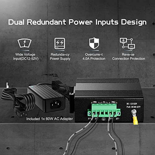 Binardat 5 Port Gigabit PoE Industrial Switch, IEEE802.3af/at Ethernet, 1 SFP Port with 20km LC Module, IP40 Aluminum Alloy -40~75°C(-40~185°F), Din Rail and Wall Mount Kit, with 60W Power Supply - Image 5