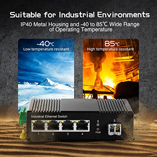 Binardat 5 Port Gigabit PoE Industrial Switch, IEEE802.3af/at Ethernet, 1 SFP Port with 20km LC Module, IP40 Aluminum Alloy -40~75°C(-40~185°F), Din Rail and Wall Mount Kit, with 60W Power Supply - Image 4