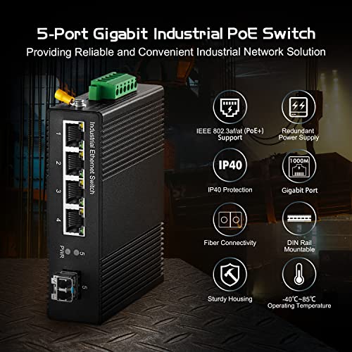 Binardat 5 Port Gigabit PoE Industrial Switch, IEEE802.3af/at Ethernet, 1 SFP Port with 20km LC Module, IP40 Aluminum Alloy -40~75°C(-40~185°F), Din Rail and Wall Mount Kit, with 60W Power Supply - Image 2