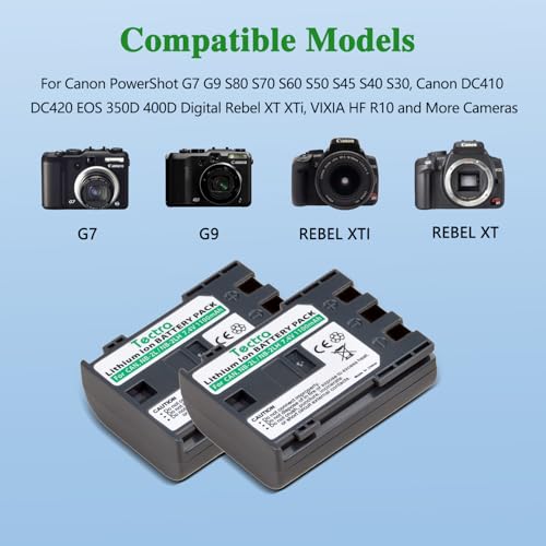 Tectra 2-Pack NB-2L NB-2LH Battery + Rapid LCD Display USB Charger for Canon PowerShot G7 G9 S30 S40 S45 S50 S60 S70 S80 DC410 DC420 VIXIA HF R10 HF R100 HF R11 EOS 350D 400D Digital Rebel XT XTi - Image 2