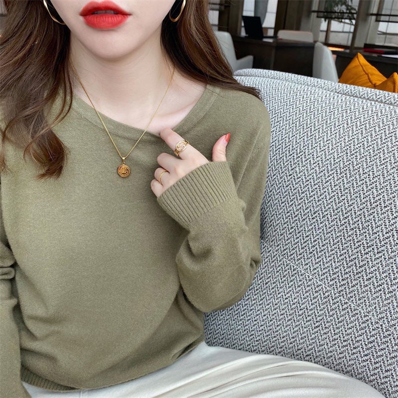 Solid Color All-Match Base Shirt Women'S Style Outer Wearing Round Neck Sweater Stynew Inner Wearing Long Sleeve Knitted Top - Image 2