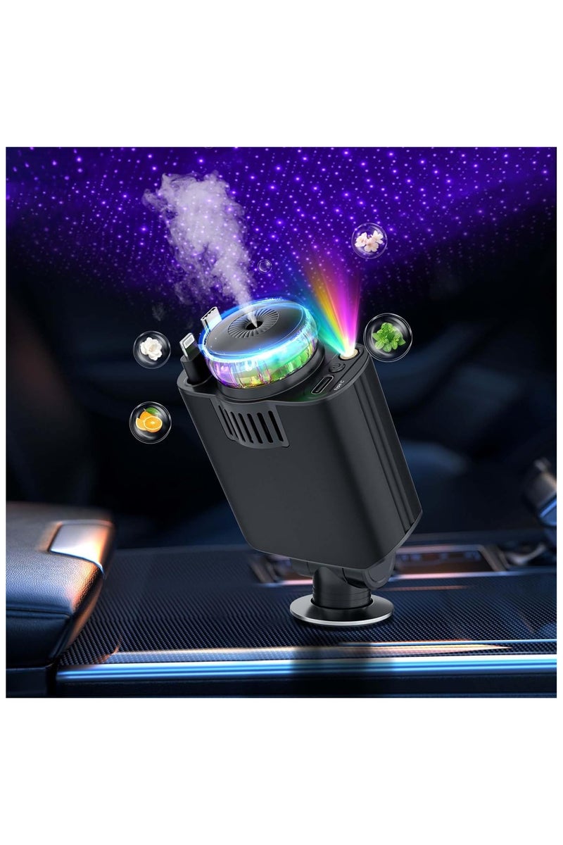 BlueFire Starlight 5-in-1 Retractable Car Charger with Essential Oil Diffuser, Starry Sky LED Ambient Light, Retractable Type-C & iOS Cables + USB-C & USB-A Ports, 45W Fast Charging, Compatible with iPhone 16/15/14, Android, Tablets – Aluminum+PC, Car Air Freshener & Mood Light - Image 3