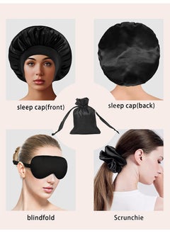 TTESL Women's Silk Satin Sleeping Set - Hair-Caring Bonnet with Matching Eye Mask & Scrunchie, Elastic Black Night Cap for Comfortable Sleep  - Image 2