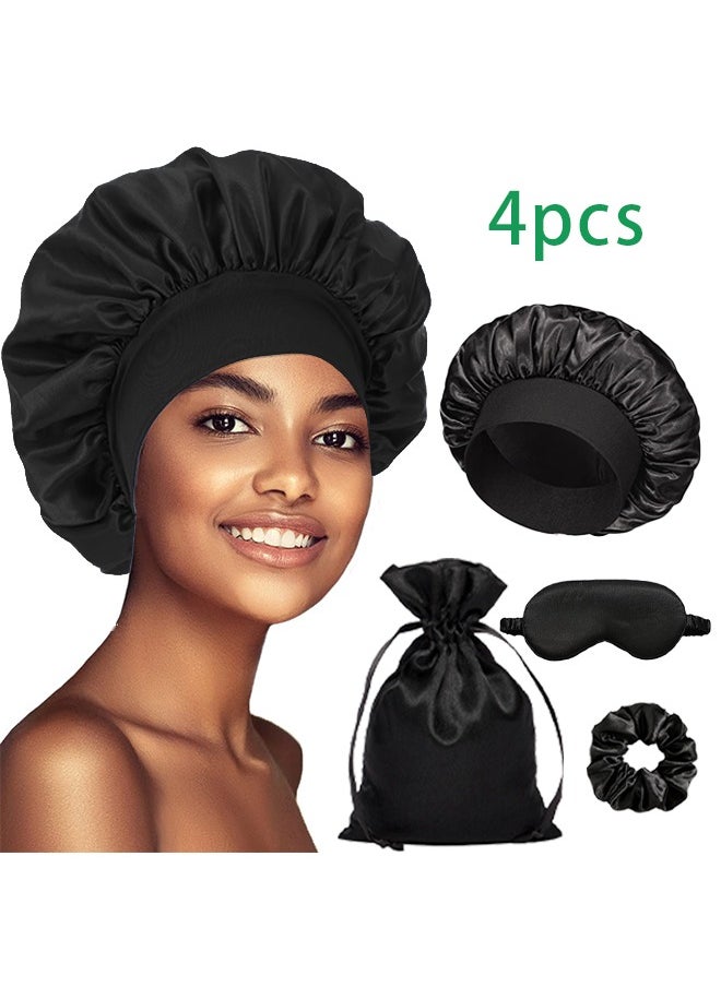 TTESL Women's Silk Satin Sleeping Set - Hair-Caring Bonnet with Matching Eye Mask & Scrunchie, Elastic Black Night Cap for Comfortable Sleep  - Image 1