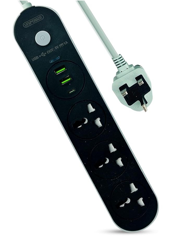 Unipower UNIPOWER 6 IN 1 Power Strip Extension Cord with 6 Outlets, 3 Universal Plug Adapters, 2 USB Ports, 1 Type C, Overload Protector and 3M Bold Extension Cord (Black) with Switch  - Image 1