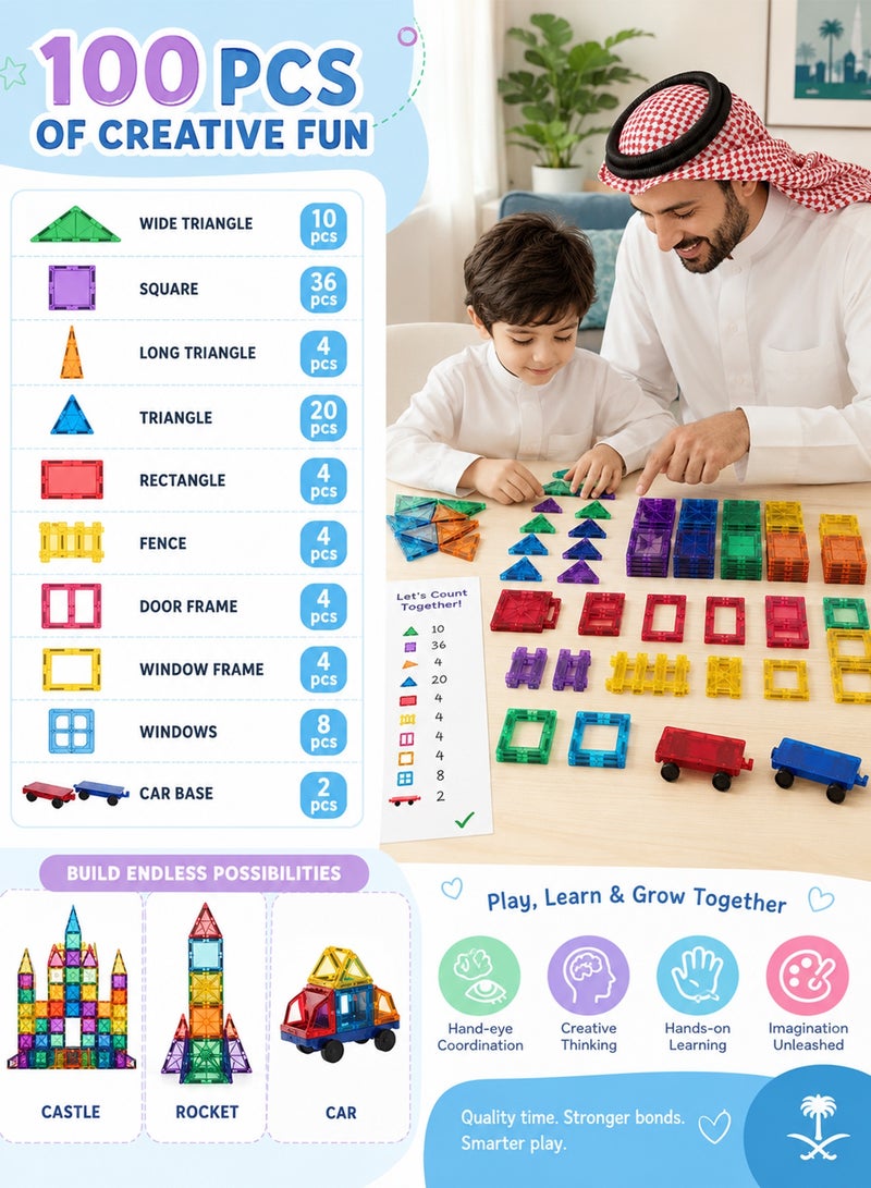 Favarey Magnetic Tiles for Kids 100pcs Magnetic Building Blocks Stronger 3D Magnet Building Tiles Set Toys for 3-8 Year Old Boys Girls Educational Birthday Gifts for Kids Toddlers Age 3+ - Image 3