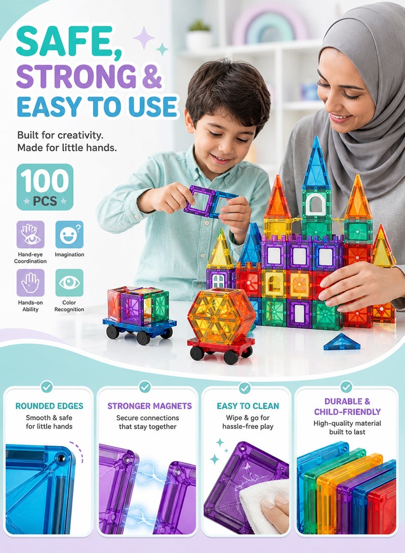 Favarey Magnetic Tiles for Kids 100pcs Magnetic Building Blocks Stronger 3D Magnet Building Tiles Set Toys for 3-8 Year Old Boys Girls Educational Birthday Gifts for Kids Toddlers Age 3+ - Image 4