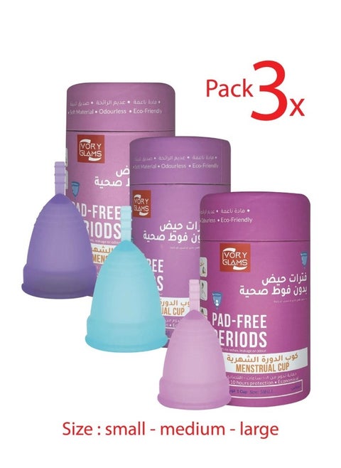THREE MENSTRUAL CUPS DIFFERENT SIZES