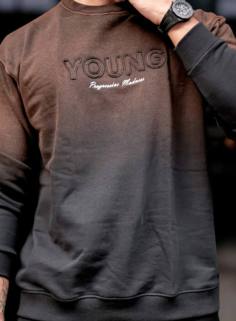 مانياك Maniac Mens Printed Acid Wash Round Neck Full Sleeve Brown Oversized Sweatshirt