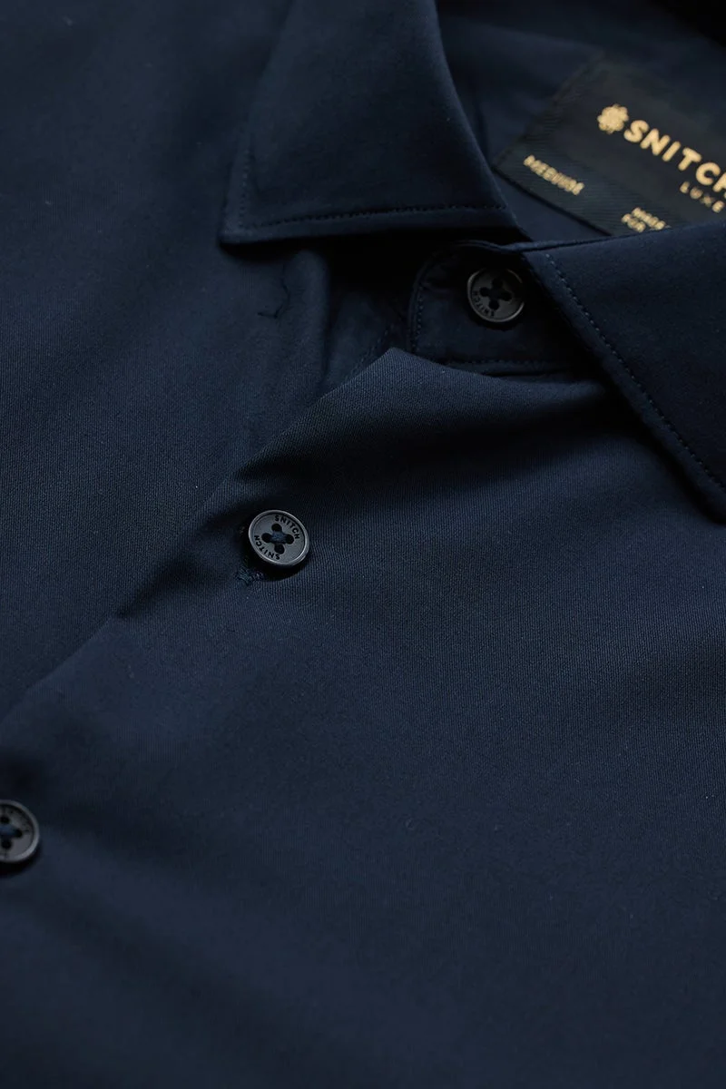 سنيتش Navy Solid Long Sleeve Slim Fit Luxe Shirt