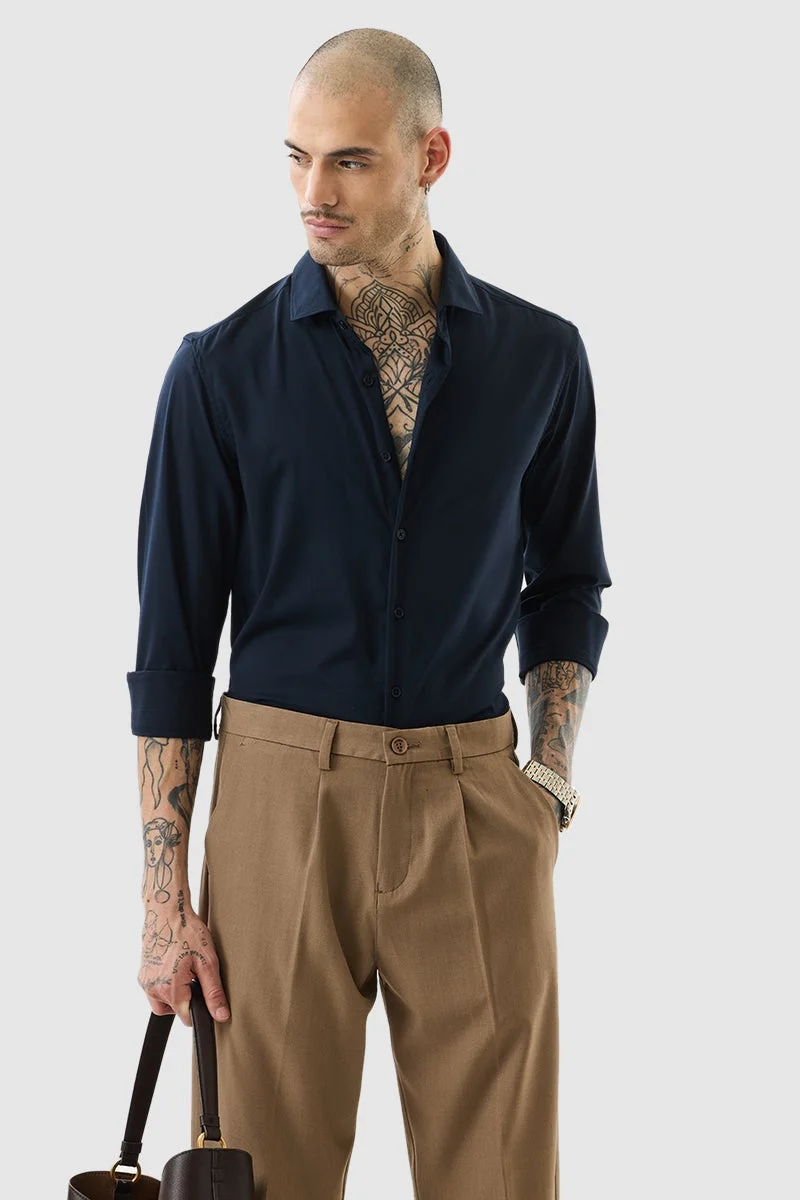 سنيتش Navy Solid Long Sleeve Slim Fit Luxe Shirt