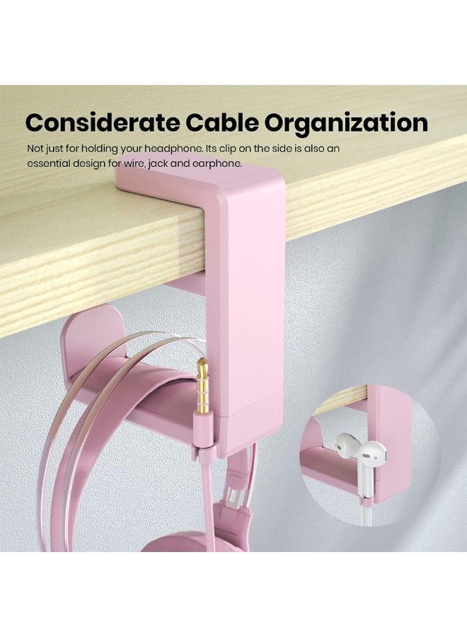 JZS PC Gaming Headset Headphone Hook Holder Hanger Mount, Headphones Stand with Adjustable & Rotating Arm Clamp, Under Desk Design, Universal Fit, Built in Cable Clip Organizer,Pink - Image 5