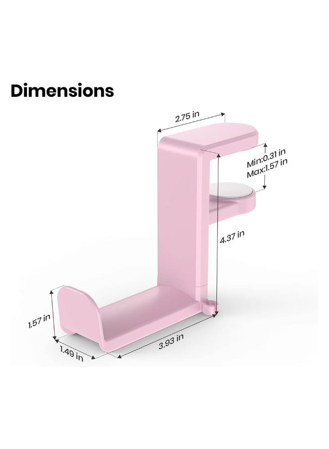 JZS PC Gaming Headset Headphone Hook Holder Hanger Mount, Headphones Stand with Adjustable & Rotating Arm Clamp, Under Desk Design, Universal Fit, Built in Cable Clip Organizer,Pink - Image 2