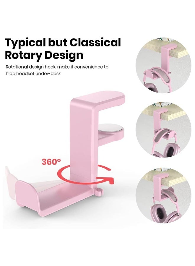 JZS PC Gaming Headset Headphone Hook Holder Hanger Mount, Headphones Stand with Adjustable & Rotating Arm Clamp, Under Desk Design, Universal Fit, Built in Cable Clip Organizer,Pink - Image 4