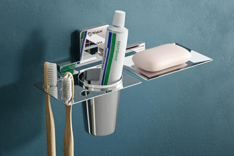 GRIVAN Stainless Steel 2 in1 Soap Dish with Tumbler Holder/Soap Stand/Tooth Brush Holder/Bathroom Accessories (Chrome) - Pack of 1 - Image 1