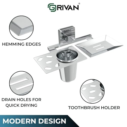 GRIVAN Stainless Steel 2 in1 Soap Dish with Tumbler Holder/Soap Stand/Tooth Brush Holder/Bathroom Accessories (Chrome) - Pack of 1 - Image 3