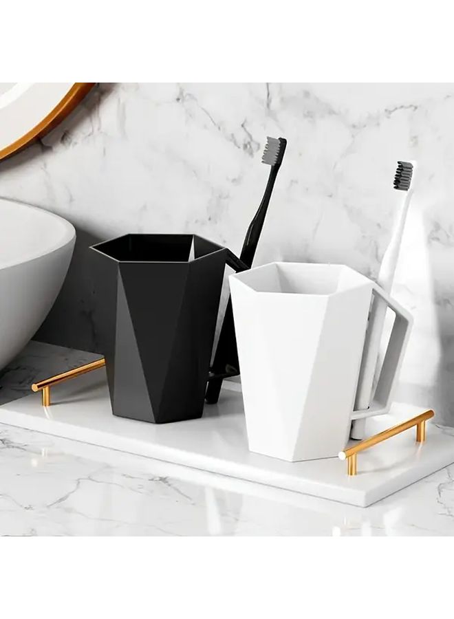 2 Pack Modern Geometric Plastic Toothbrush Cups Black White Golden Accents - Image 1