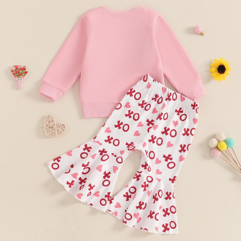 DNOMAID YZARC Toddler Baby Girl Valentines Outfit Letter Embroidery Crewneck Sweatshirt Top Heart Flare Pants Clothes Set (A-Pink, 2-3T) - Image 3