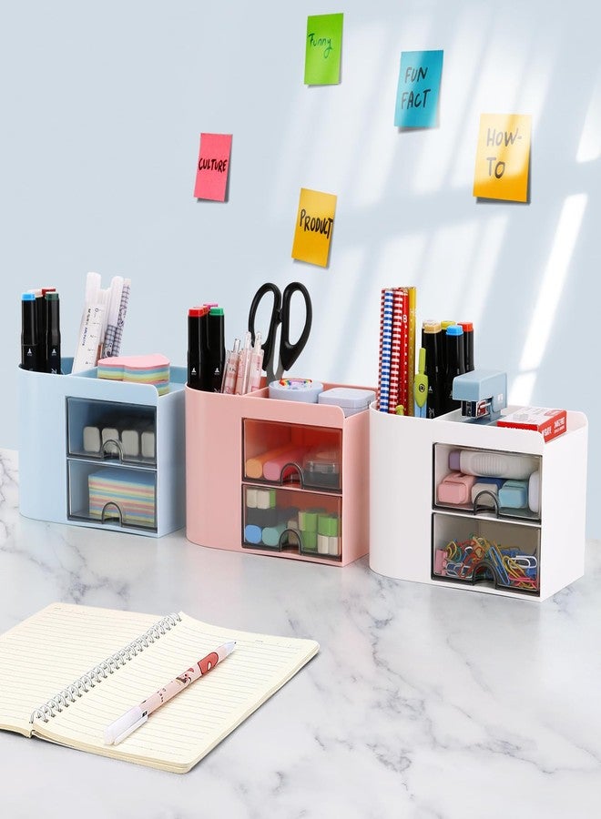 LETURE Desk Organizer Office Supplies Caddy with Pencil Holder and Drawer for Desktop Accessories, Business Card/Pen/Pencil/Mobile Phone/Stationery Holder Storage Box (White) - Image 2