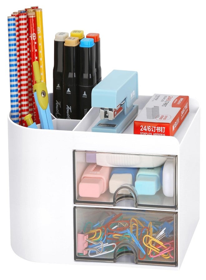 LETURE Desk Organizer Office Supplies Caddy with Pencil Holder and Drawer for Desktop Accessories, Business Card/Pen/Pencil/Mobile Phone/Stationery Holder Storage Box (White) - Image 1